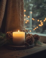 A serene candle with a warm glow, surrounded by pinecones, creating a cozy atmosphere near the window.