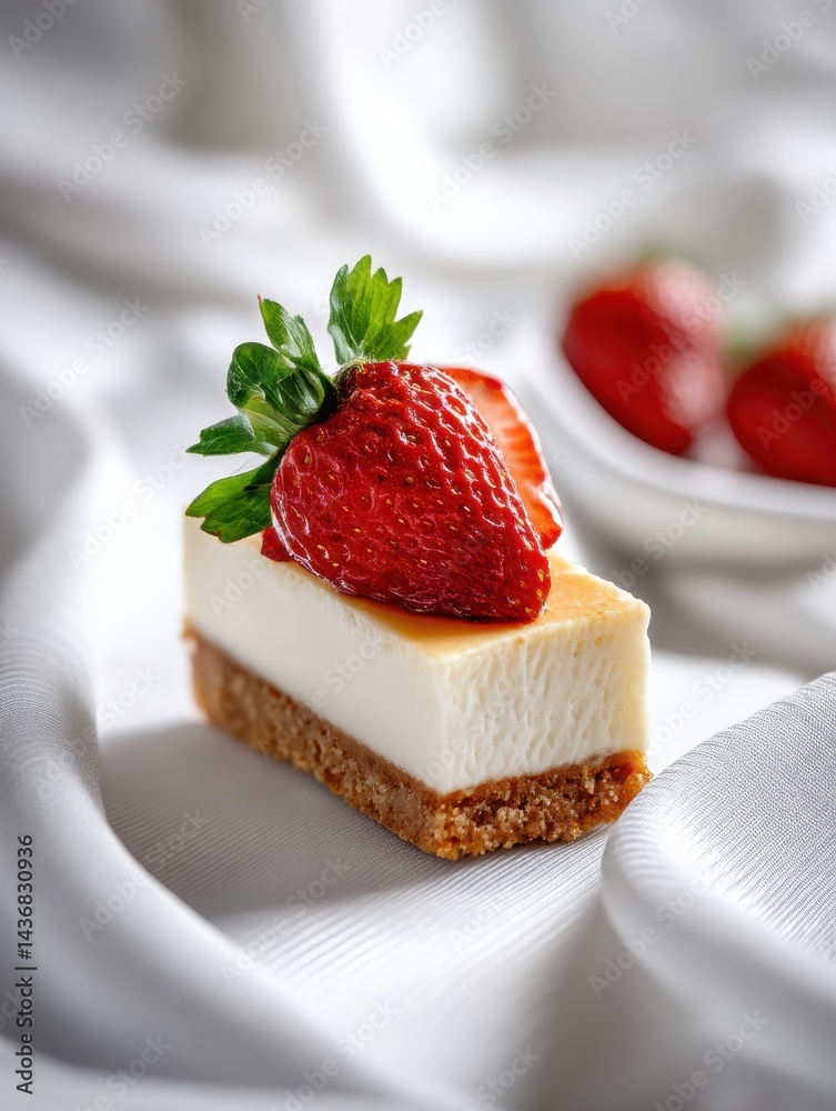 Aufkleber Minimal Cheesecake Slice Topped With Fresh Strawberry on a Soft White Background With Gentle Shadows Highlighting Its Creamy Texture and Crust