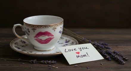 A porcelain teacup with a lipstick stain, a handwritten note ('Love You, Mom') beside dried lavender