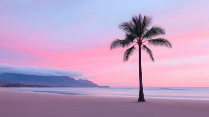 Single Palm Tree Silhouette at Pink Sunset Beach