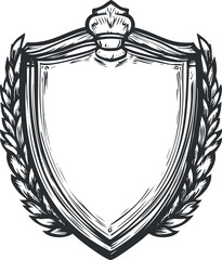Black and white vintage shield emblem with ornate wreath and crown design, medieval style