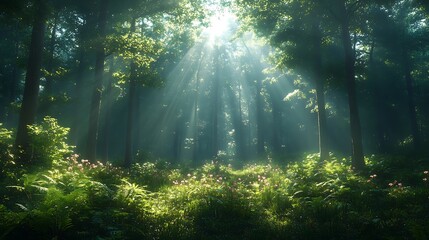 Obraz premium Enchanted forest sunbeams nature high resolution hd image