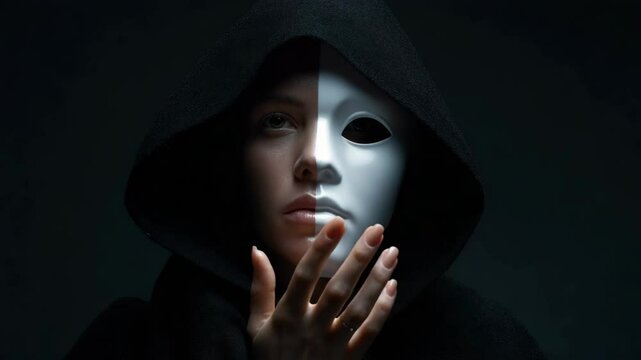 Woman in black hooded cloak with half face masked in white offering her hand against a dark backdrop