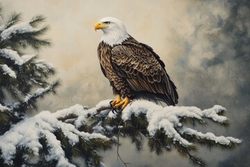 Obraz premium Majestic bald eagle perched on a snow-covered pine branch in a winter landscape.