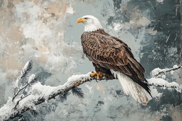 Obraz premium Majestic bald eagle perched on a snow-covered branch in a winter landscape.