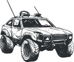 Black and white sketch of a rugged offroad vehicle with large tires designed for rough terrain and adventure © vadymstock