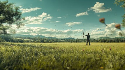 Fototapeta premium A young man stands confidently in a lush green field, poised to shoot an arrow towards a clear blue sky.