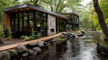 Obraz premium Modern home by a flowing river