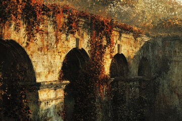 Fototapeta premium Autumnal leaves drape over an ancient stone archway, hinting at age and mystery.