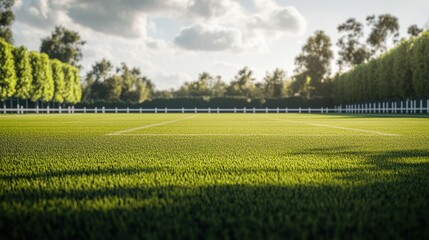 Lush green soccer field under a clear sky with fluffy clouds and trees lining the perimeter.
