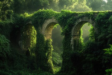 Fototapeta premium Ancient stone archway bridge overgrown with lush green foliage in a mystical forest.