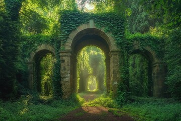 Fototapeta premium Ancient stone arches, overgrown with lush greenery, create a mystical path through a sun-dappled forest.