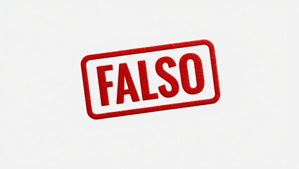 Imagem 3D de um carimbo vermelho com a palavra "FALSO" inclinada sobre fundo branco, representando erro, fraude, mentira, alerta ou informação incorreta.

