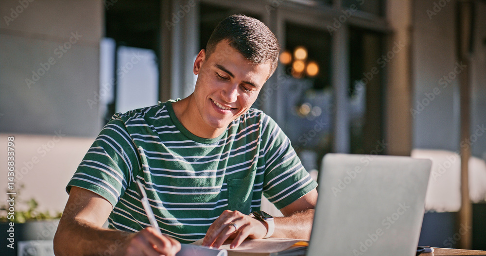 Leinwandbilder man, university student and happy with laptop or writing on notebook for assignment on campus. male 