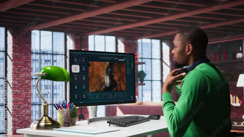 Fototapete Videographer editor creates AI art materials using text to video software, writing a text prompt on chatbot interface to generate a video with artificial intelligence. Visual design. Camera B.