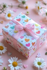 Gift box adorned with hearts and daisies, ready to be presented.  A pretty, pastel-toned gift, surrounded by delicate flowers
