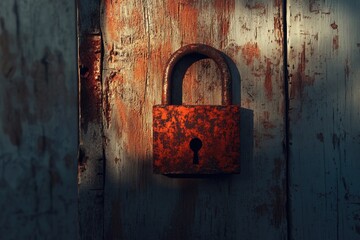 Rusty padlock on weathered wooden door, symbolizing security and age.