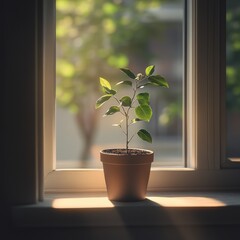 A small green plant thrives in a sunlit window, casting soft shadows and evoking a peaceful atmosphere.