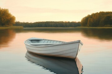 A serene white boat floats peacefully on calm waters at sunset, surrounded by lush trees.