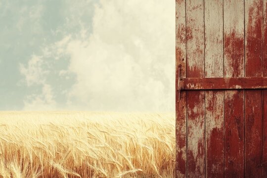 Golden wheat field viewed through a rustic, weathered barn door under a cloudy sky.
