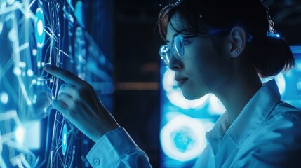 A focused technician adjusts complex holographic interfaces in a futuristic setting, reflecting advanced technological innovation and expertise. Futuristic Technology Work