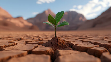 Small Plant Growing in Dry Cracked Earth with Mountain Background