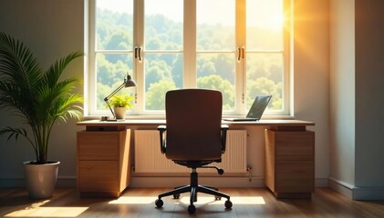 Empty chair at a desk with laptop, facing window, sunlit room, light, internet