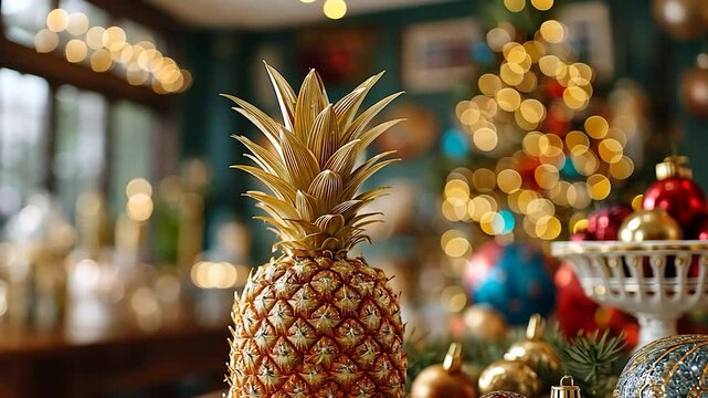 Golden pineapple holiday decor, Christmas tree bokeh background
