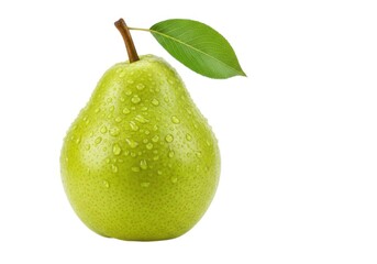 Fresh green pear with leaf and water droplets isolated on white