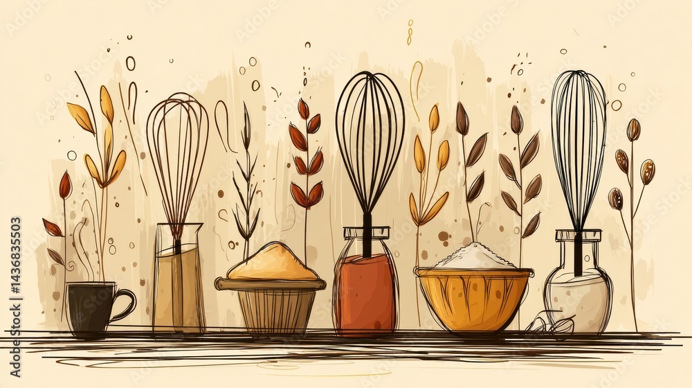 Poster Whisking Ingredients in a Stylized Bakery Environment With Floating Elements of Flour, Sugar, and Tart Shell