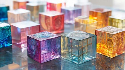 Fototapeta premium Colorful Glass Cubes Art on Reflective Surface