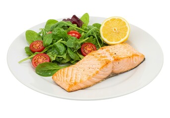 Grilled salmon with fresh salad and lemon healthy food photography