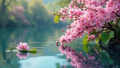 Delicate blossoms create repeating floral pattern across still lake water , fresh, quiet, color