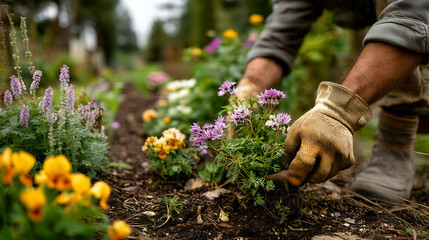 Gardener's Hands Tending Colorful Flowers and Greenery: Organic Planting and Horticulture Maintenance in a Beautiful Rural Garden Scene