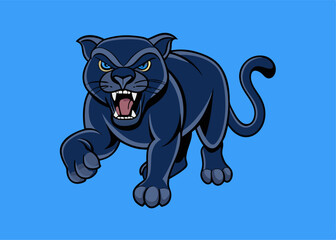 Obraz premium Fierce Predator: A striking illustration of a black panther, its intense gaze fixed, a formidable creature of the wild rendered in an illustrative style, set against a bold blue background.