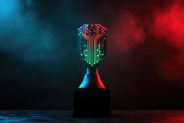 A futuristic trophy with illuminated circuit board design, symbolizing technological achievement and innovation.
