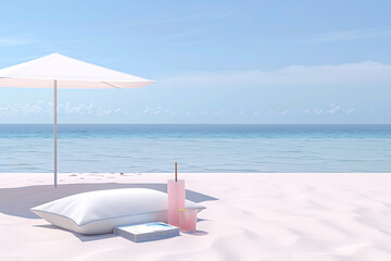 beach picnic illustration, illustration of a beach picnic with pastel tones, umbrellas, drinks, and books, evoking a dreamy summer atmosphere