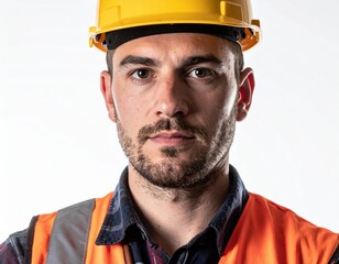 Young caucasian male construction worker in safety gear with yellow hard hat
