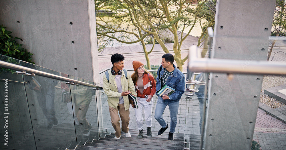 Poster conversation, study and walking with friends on stairs at college or university campus for learning.