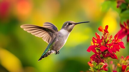 Naklejka premium Tiny hummingbird hovering near a vibrant red flower delicate wings beating so fast they blur ultra HD wildlife action shot