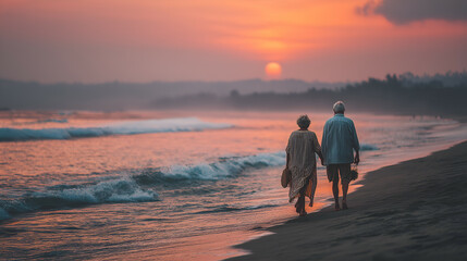 Fototapeta premium Senior Couple's Romantic Walk on the Beach at Sunset - Capturing Relaxation and Serenity in Nature's Twilight 