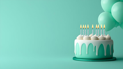 Green Birthday Cake with Candles and Balloons