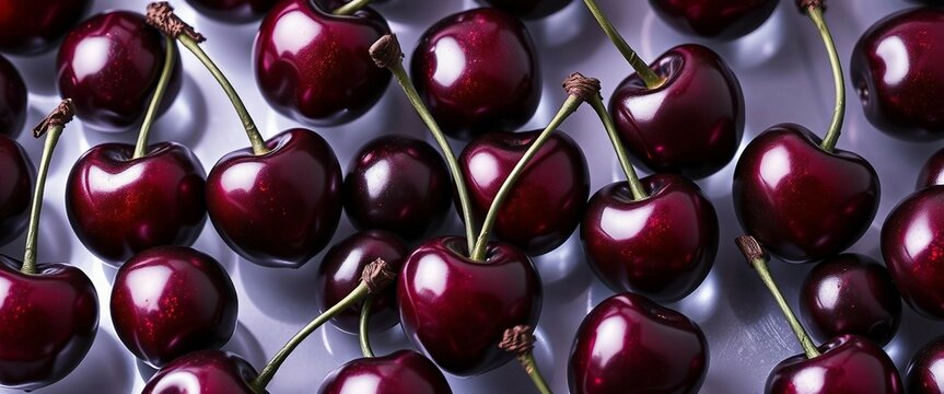 Nahaufnahme von gl&auml;nzenden, dunkellila Kirschen mit intensiver Lichtreflexion, edel und satt.