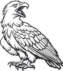 Black and white line art illustration of an aggressive eagle with open beak and detailed feathers