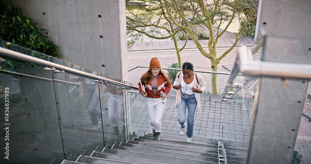 Poster conversation, education and walking with students on stairs at college or university campus for lear