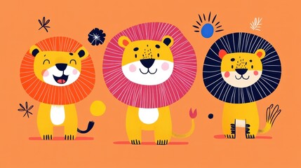 Obraz premium Three cute cartoon lions, playful background, kids' illustration