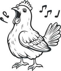 Black and white illustration of a singing chicken with musical notes around it, showing an expressive bird.