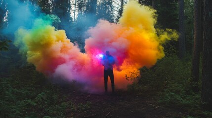 Silhouette of a Man Amidst Vibrant Rainbow Smoke Clouds in a Dark Forest