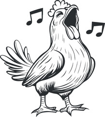 Black and white illustration of a rooster singing with musical notes around its head