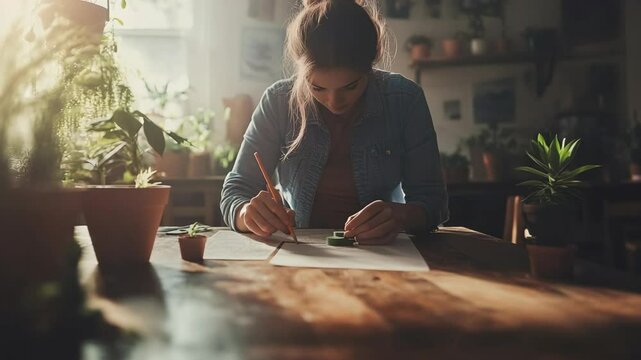 Woman drawing plant pots on a wooden table in a home greenhouse setting, illuminated by natural light.